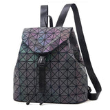 Backpack- Women's drawstring Backpack Geometric Plaid Holographic Print