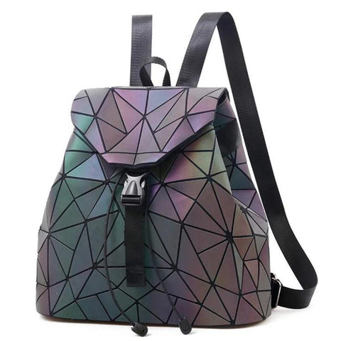Backpack- Women's drawstring Backpack Geometric Plaid Holographic Print